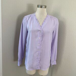 Ann Taylor Womens Large Tall Lavender Button Up Ruffle Trim Blouse Long Sleeve